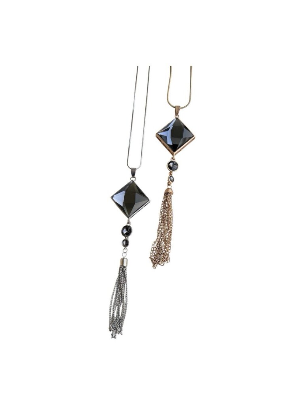 Bundle 2 Silver Gold Tone Gray Faceted Diamond Shape Pendant Tassel Necklaces
